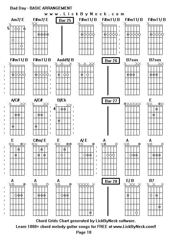 Chord Grids Chart of chord melody fingerstyle guitar song-Bad Day - BASIC ARRANGEMENT,generated by LickByNeck software.